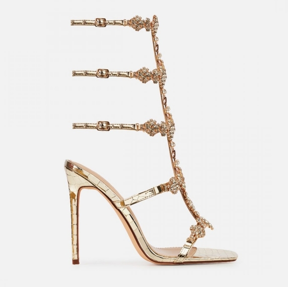 Gold Deluxe Croc Print Diamante Strap Heels - Picture 2 of 4